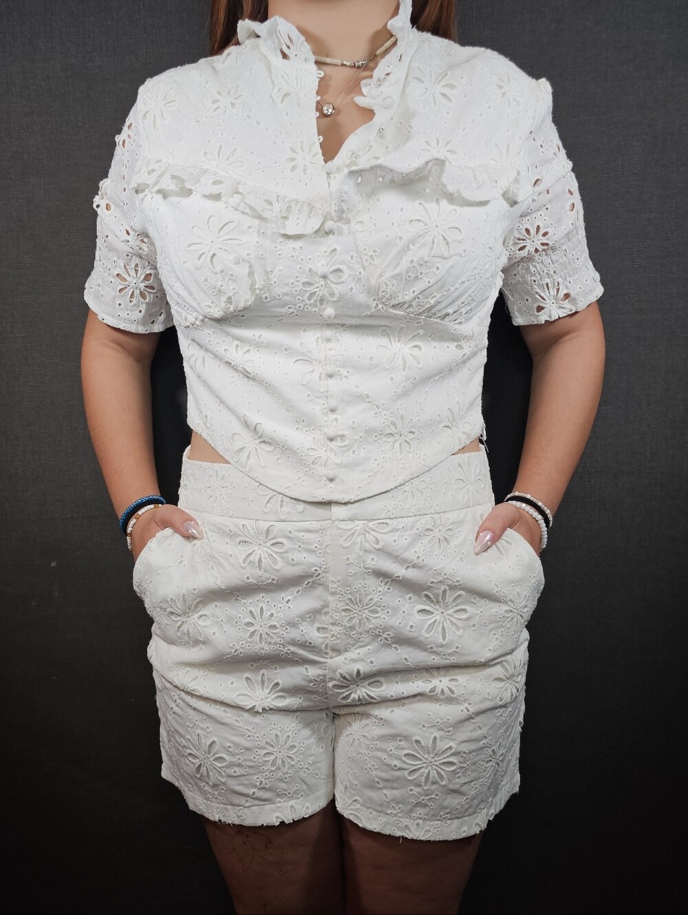 Tea & Cup White Eyelet Two-Piece Crop Top & Shorts Set